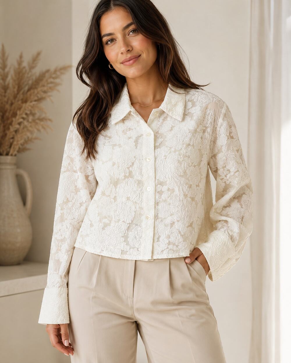 & Other Stories Women's Cream Blouse US 14 Textured Sheer Floral Cropped Button